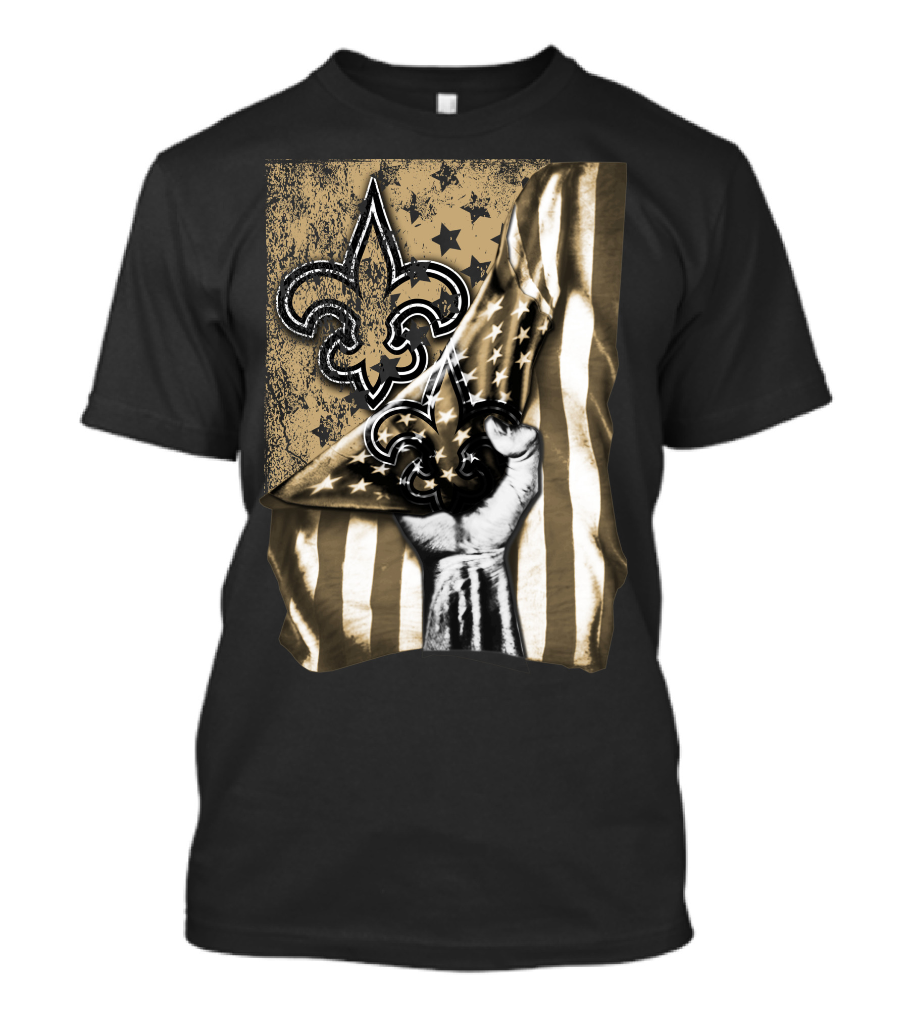 Flag New Orleans Saints Fleur-De-Lis Stars And Stripes Hand Pulling Black And Gold T-Shirt