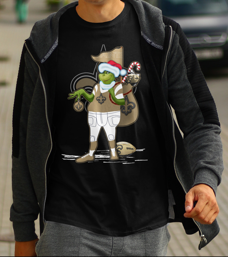 Grinchxmas Santa Hat New Orleans Saints Football Fleur-De-Lis Candy Cane Sack T-Shirt