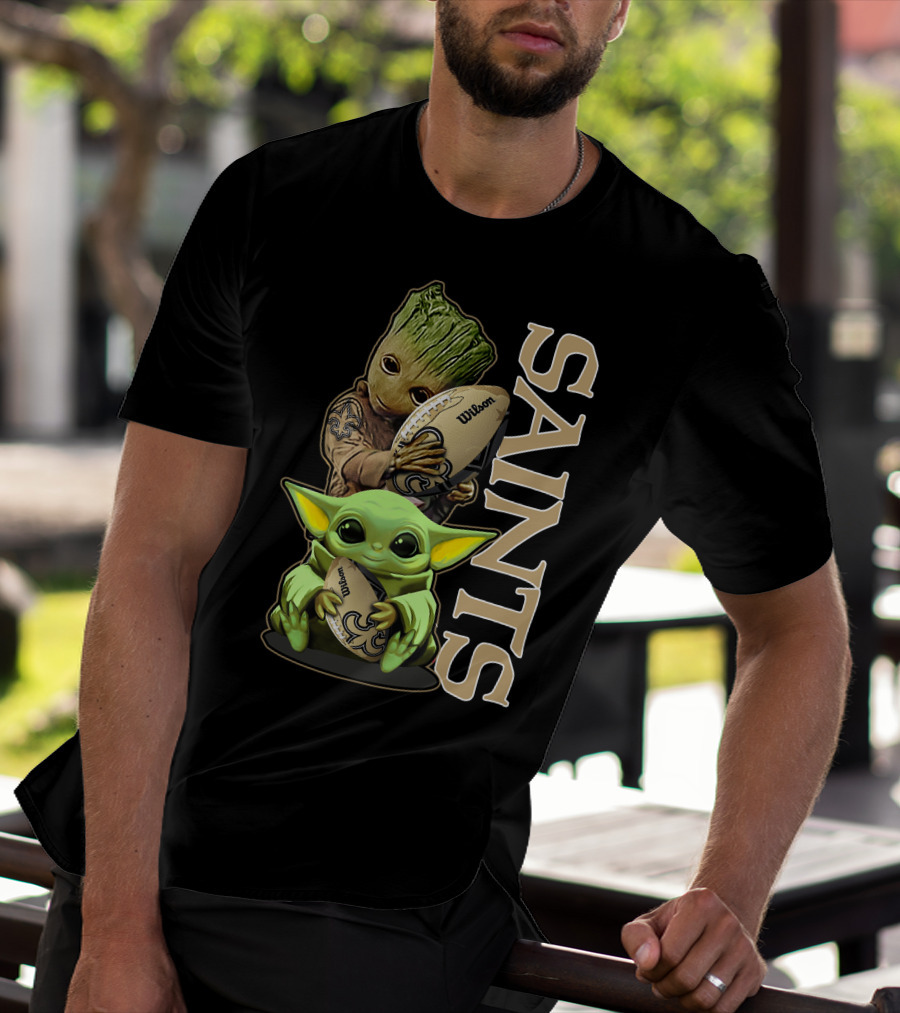 Grzd New Orleans Saints Groot And Baby Yoda Football T-Shirt