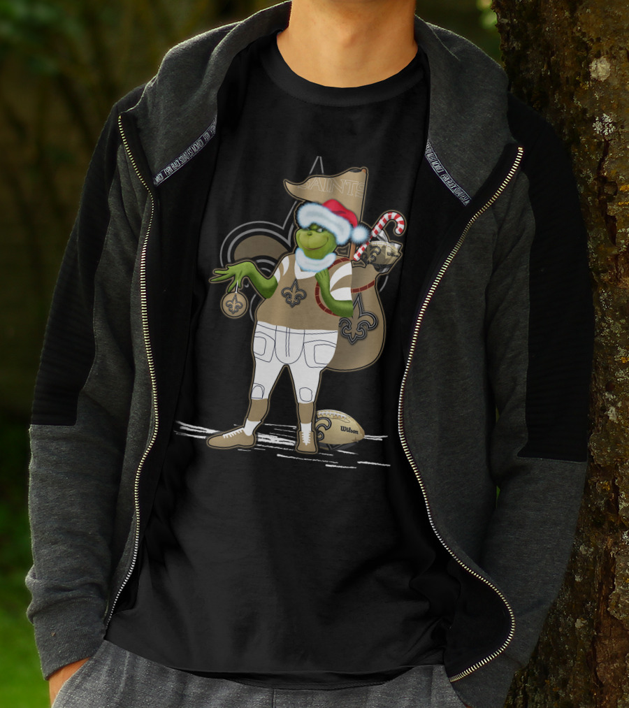 Grinchxmas New Orleans Saints Football Holiday Fun With Santa Hat And Fleur-de-Lis T-Shirt