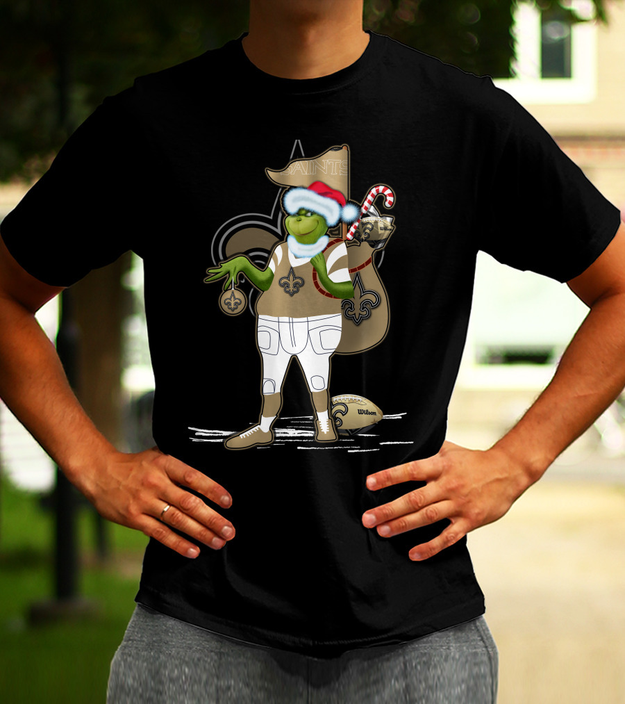 Grinchxmas New Orleans Saints Football Holiday Fun With Santa Hat And Fleur-de-Lis T-Shirt