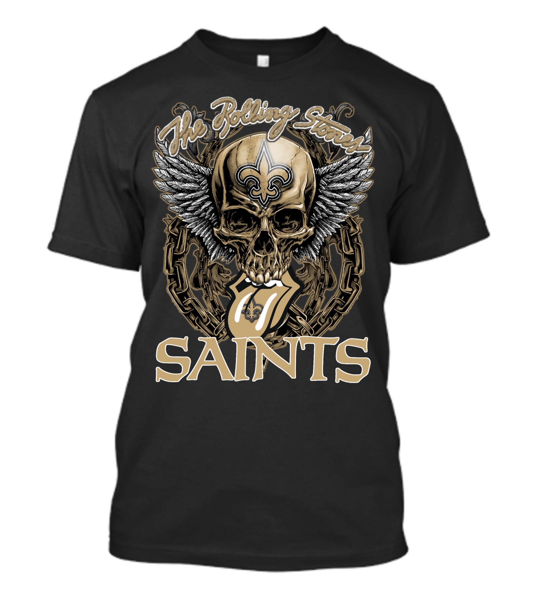 The Rolling Stones New Orleans Saints Skull And Winged Logo With Fleur-De-Lis And Tongue Chain T-Shirt