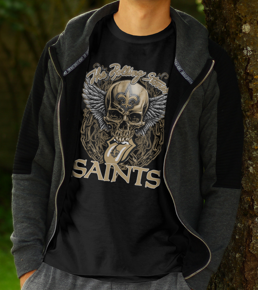 The Rolling Stones New Orleans Saints Skull And Winged Logo With Fleur-De-Lis And Tongue Chain T-Shirt