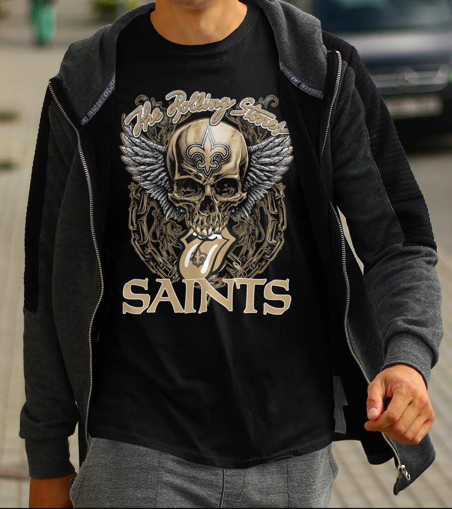 The Rolling Stones New Orleans Saints Skull And Winged Logo With Fleur-De-Lis And Tongue Chain T-Shirt
