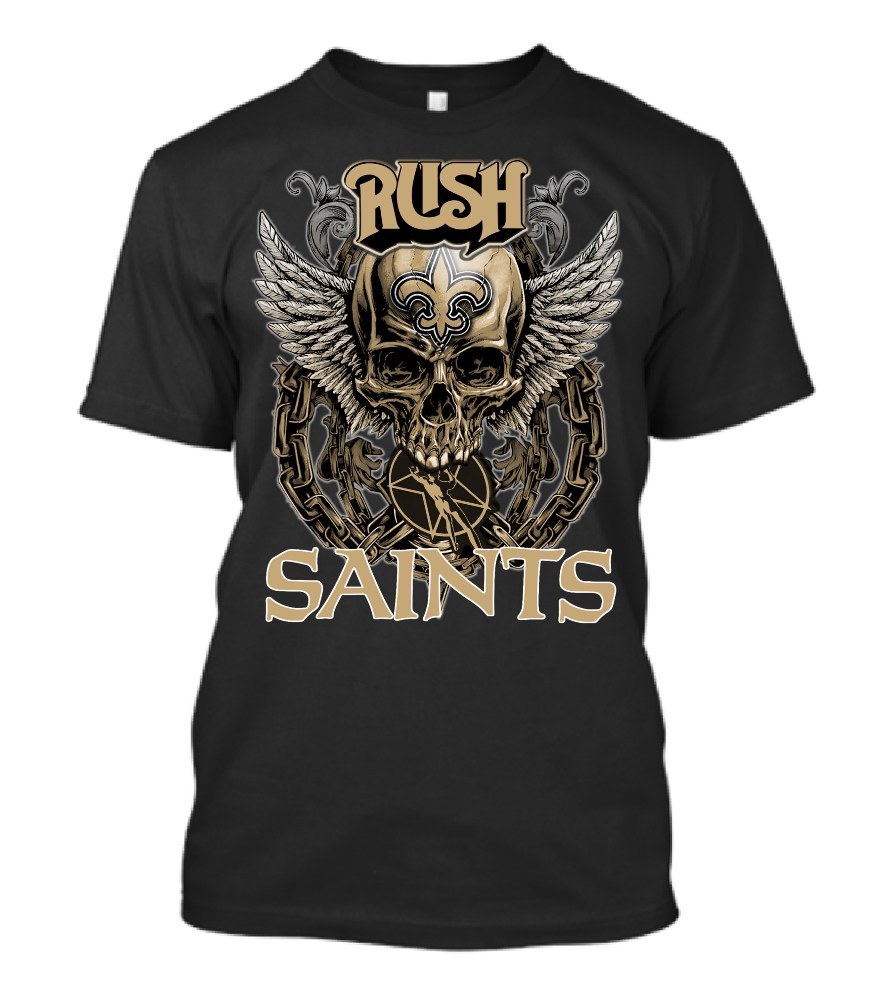 Rush New Orleans Saints Skull With Wings And Chains Fleur-de-Lis Emblem T-Shirt