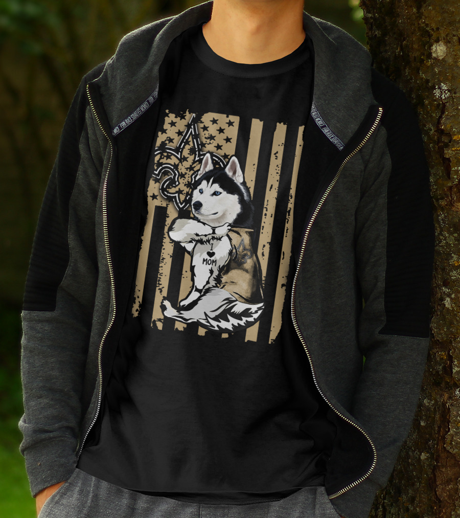 Siberian Husky Mom New Orleans Saints Fleur-de-Lis American Flag T-Shirt