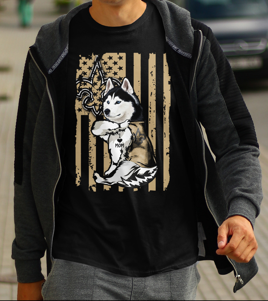 Siberian Husky Mom New Orleans Saints Fleur-de-Lis American Flag T-Shirt
