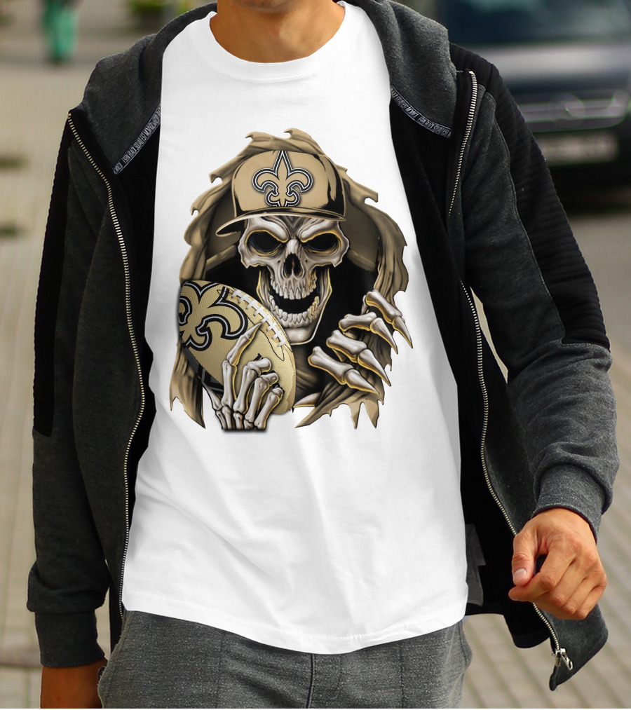 Skullbong New Orleans Saints Skeleton Holding Football With Fleur-de-Lis Cap T-Shirt
