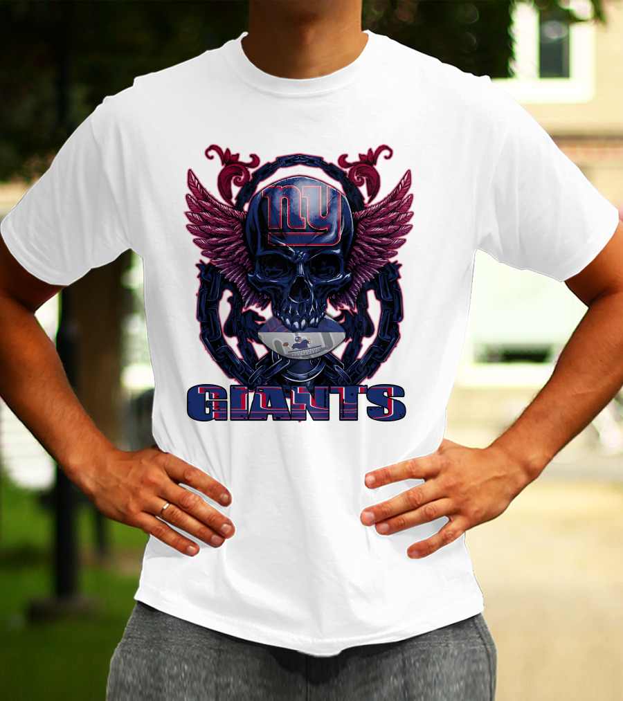 Skullfb New York Giants Winged Skull Design With Football Helmet And Chains T-Shirt