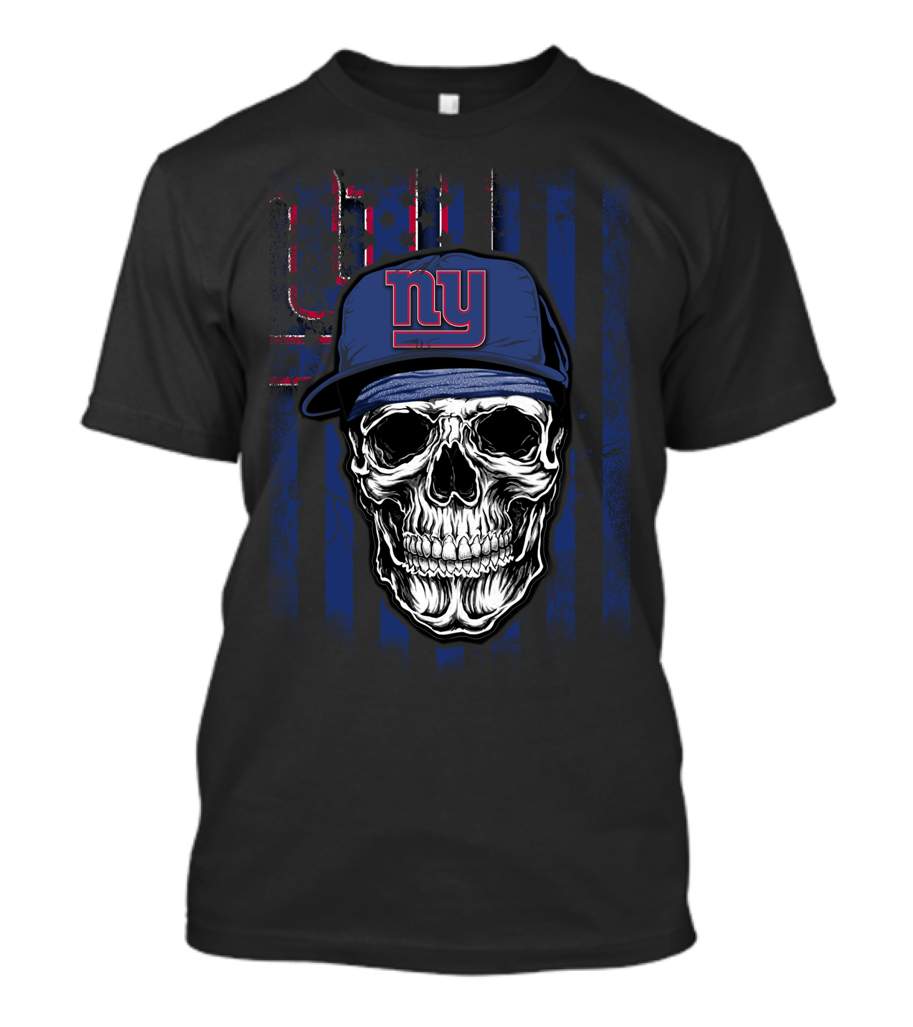 New York Giants Skull With Blue Hat And American Flag Background T-Shirt