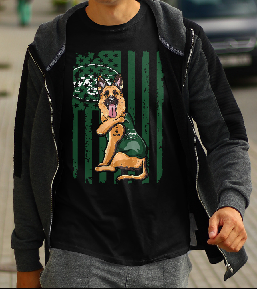 German Shepherd I Love Mom New York Jets Fan USA Flag T-Shirt