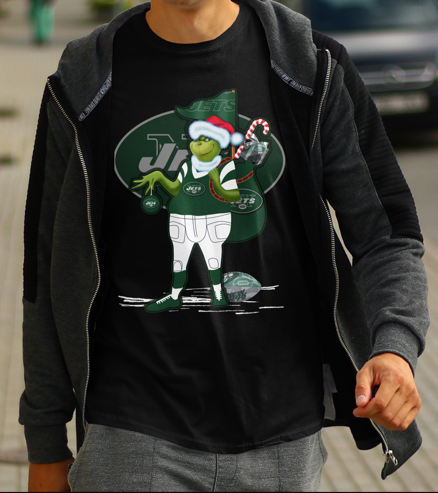 Grinch Christmas New York Jets Football Santa Hat And Sack With Candy Cane T-Shirt