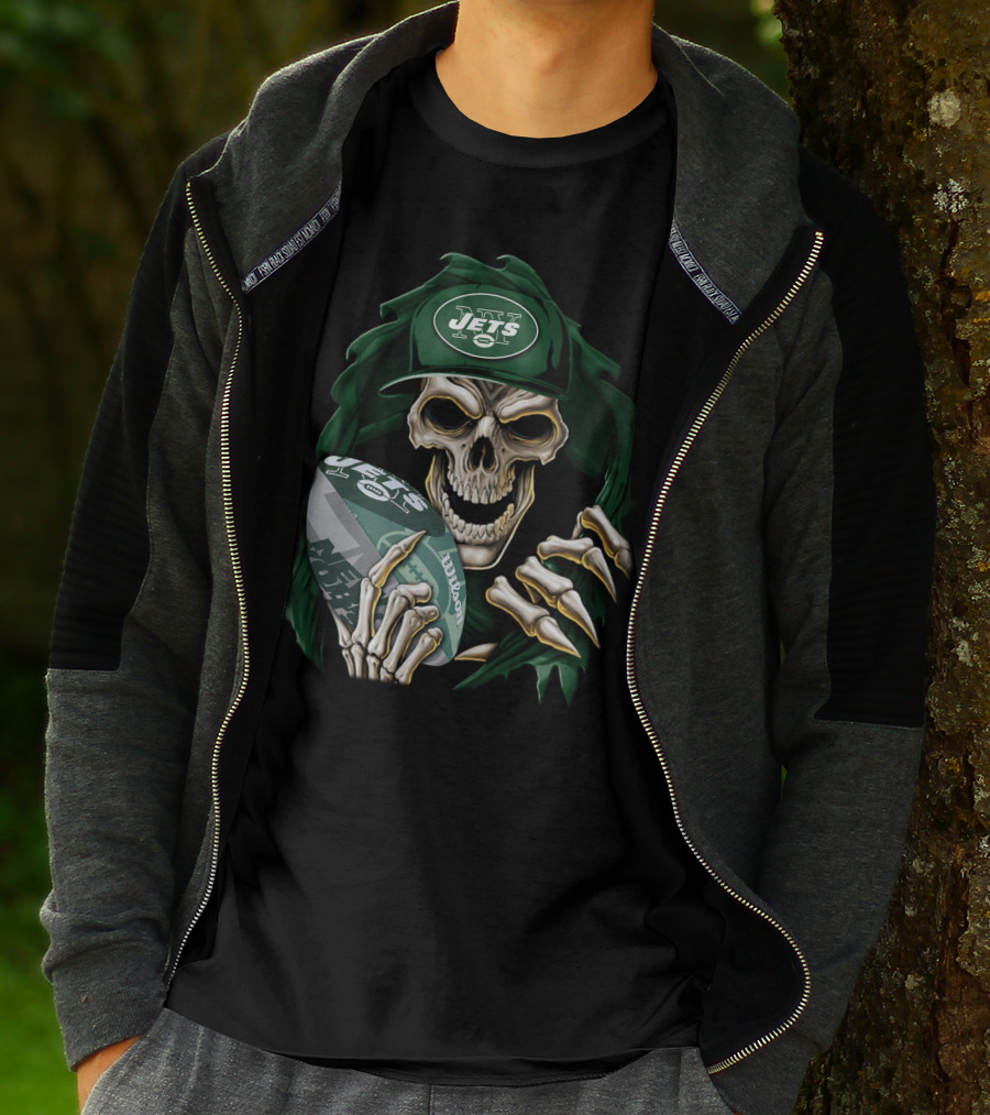 New York Jets Skullbong Skeleton Holding Football T-Shirt