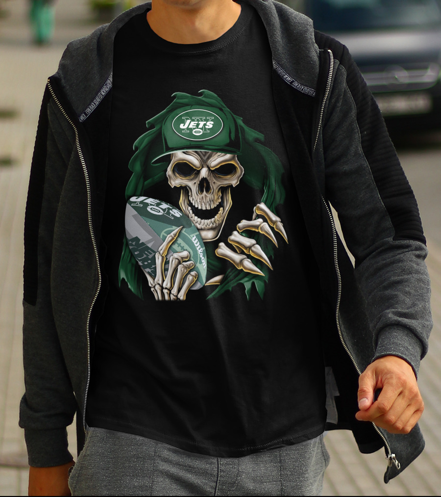 New York Jets Skullbong Skeleton Holding Football T-Shirt