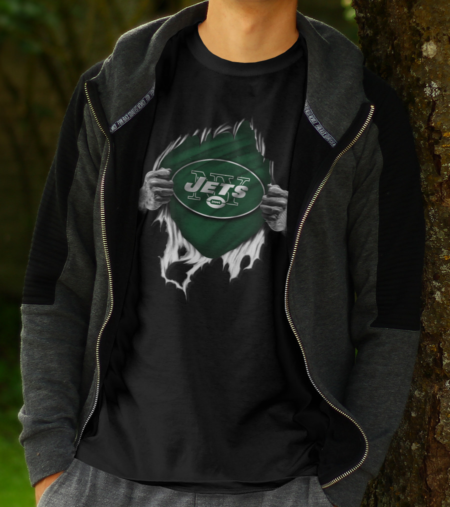 Torn V1 New York Jets Logo With Green Background And Ripping Hands T-Shirt