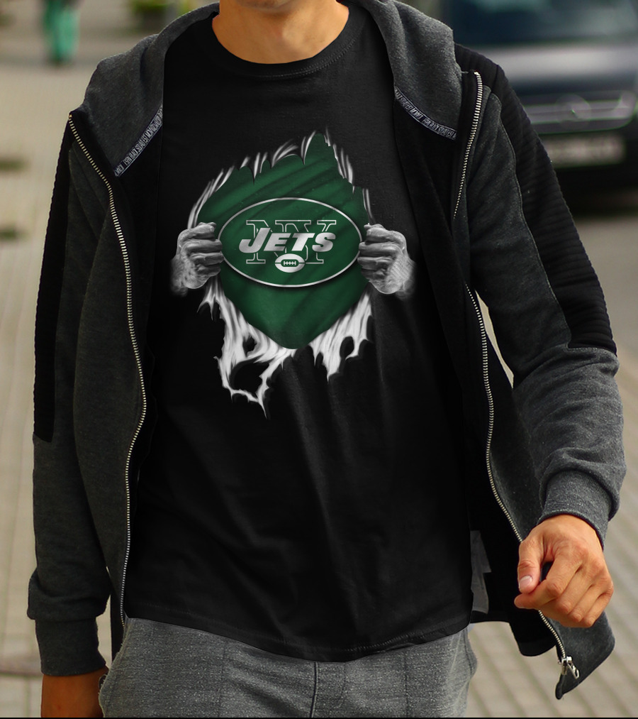 Torn V1 New York Jets Logo With Green Background And Ripping Hands T-Shirt