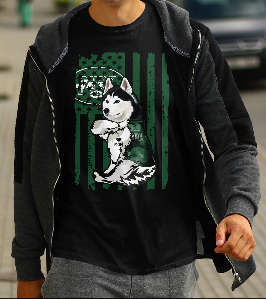 Siberian Husky I Love Mom New York Jets Fan Flag T-Shirt