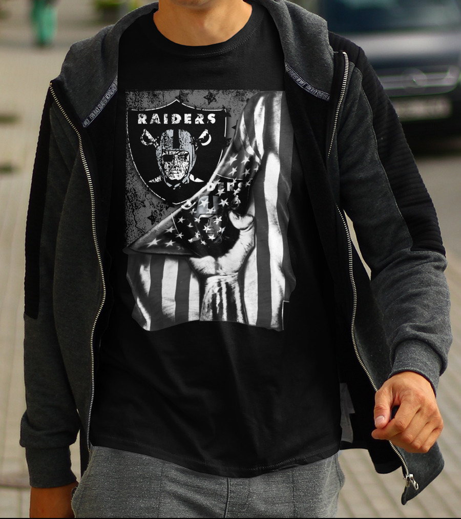 Raiders Shield With American Flag And Hand Holding Stars Grayscale T-Shirt