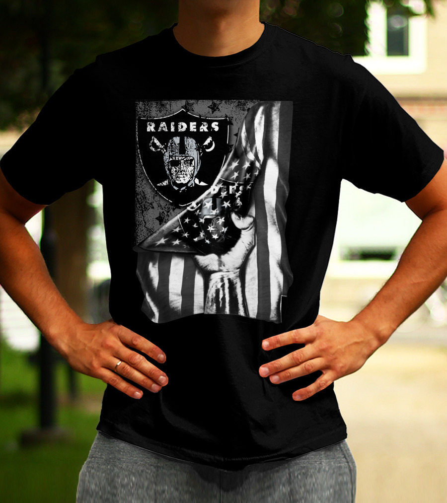 Raiders Shield With American Flag And Hand Holding Stars Grayscale T-Shirt
