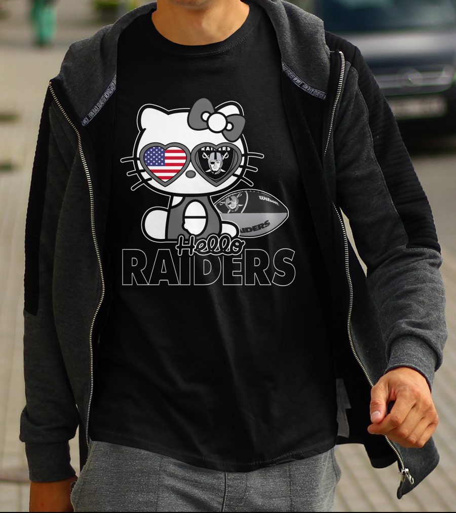 Hello Kitty Raiders American Flag Heart Glasses And Football T-Shirt