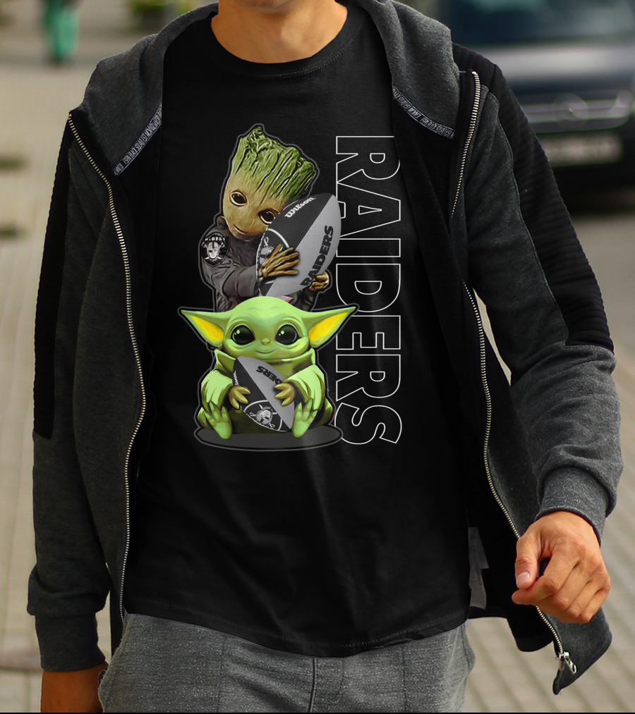 Grzd Oakland Raiders Groot Baby Yoda Football T-Shirt