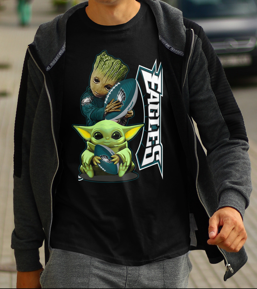 Grzd Philadelphia Eagles Groot Baby Yoda Football T-Shirt
