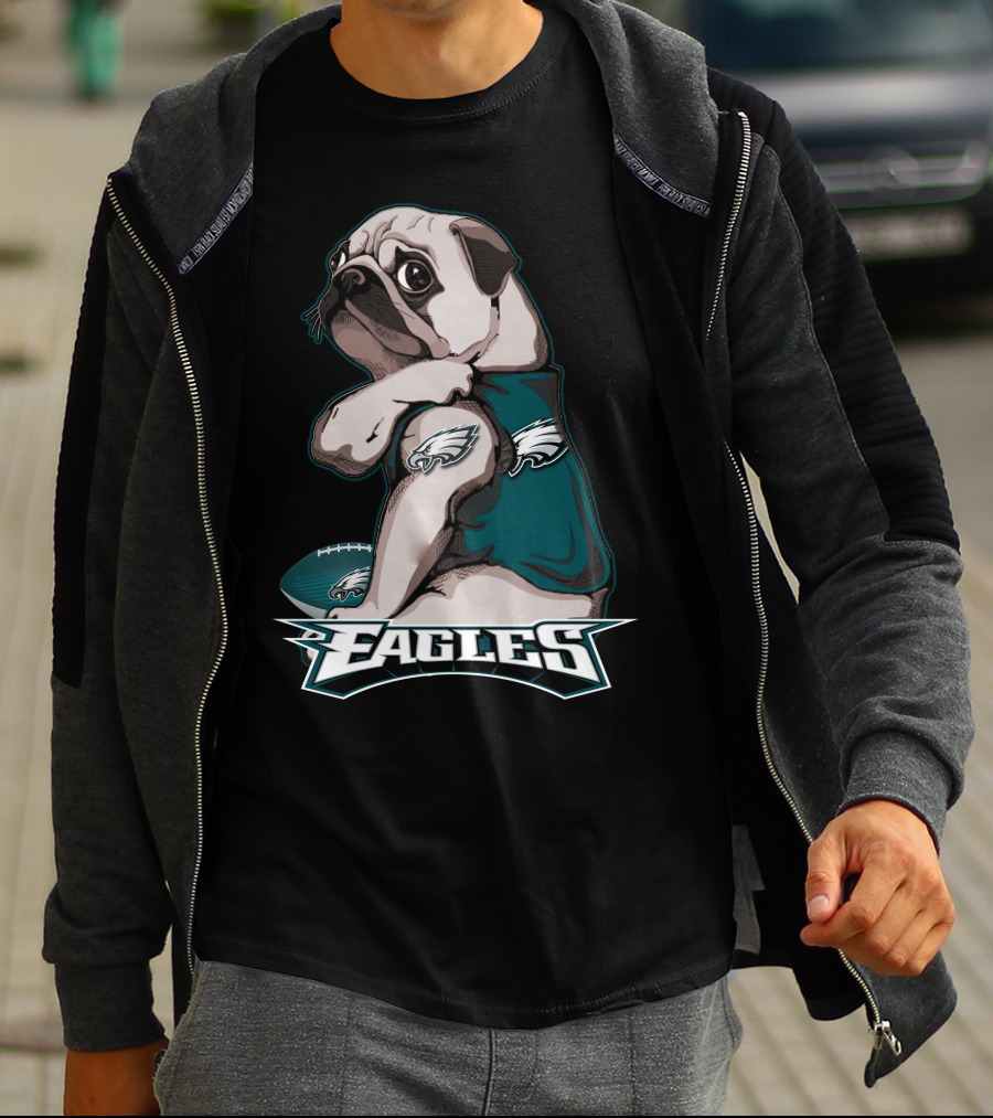 Pug Wearing Eagles Jersey With Football And Eagles Text T-Shirt