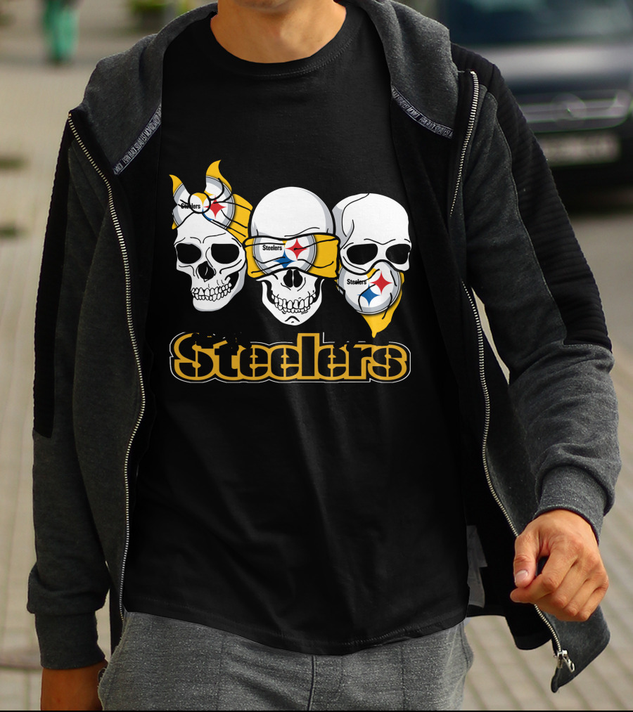 Steelers Skull Trio With Team Logo Bandanas T-Shirt
