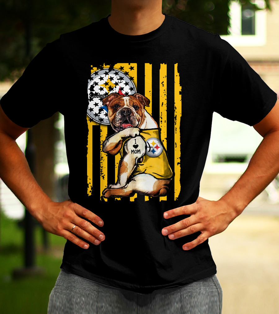 Pittsburgh Steelers Bulldog I Love Mom Stripes T-Shirt