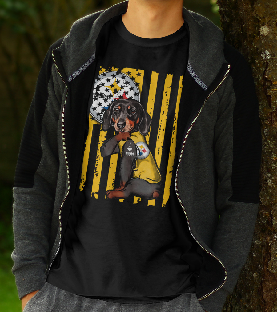 Dachshund Steelers I Love Mom Black And Yellow Football Fan T-Shirt
