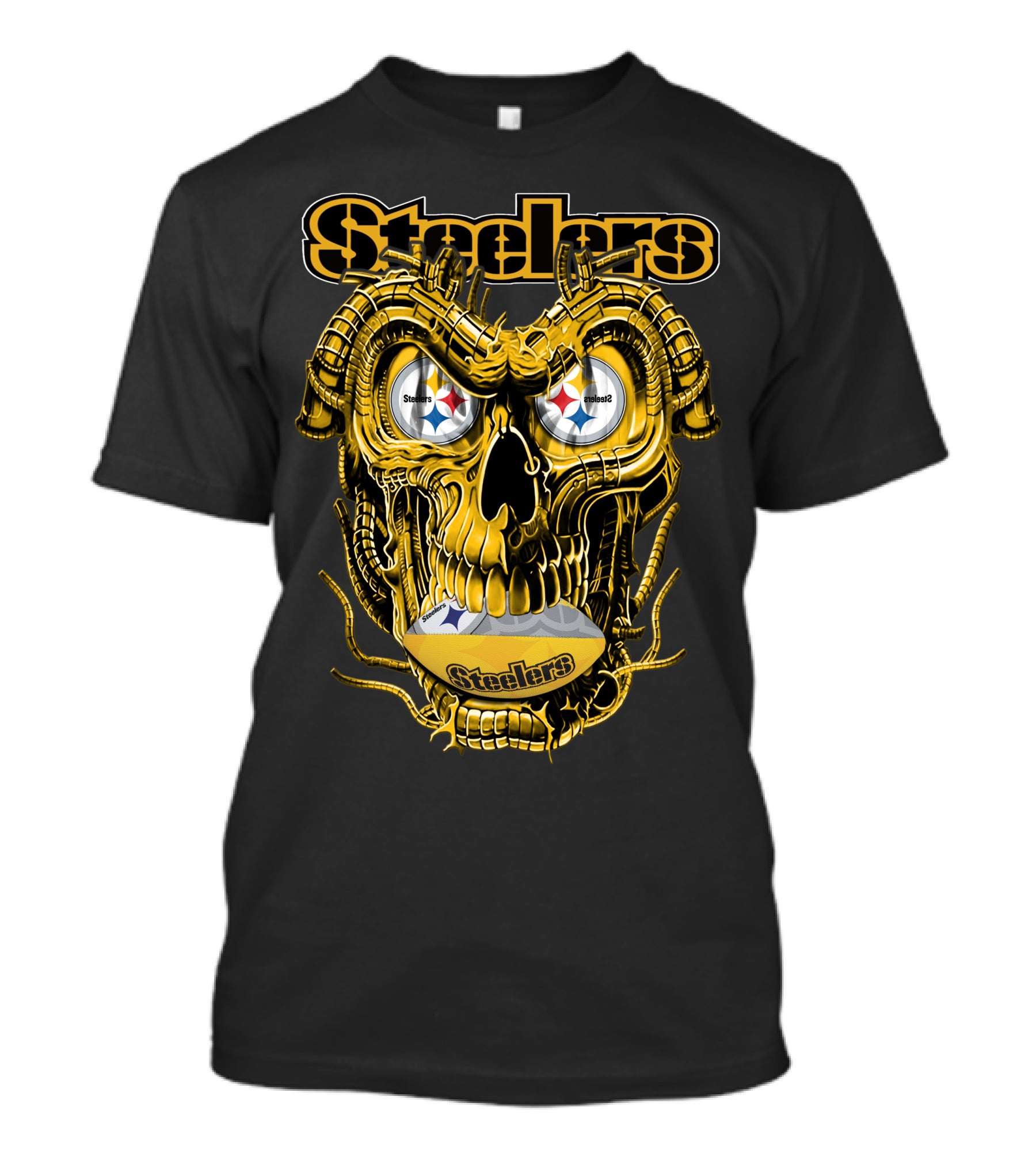 Steelers Dragonskull Yellow Mechanical Skull With Pittsburgh Steelers Logo Eyes T-Shirt