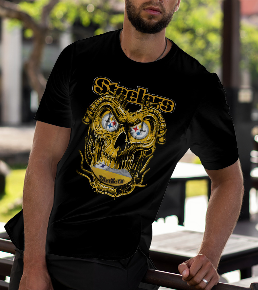 Steelers Dragonskull Yellow Mechanical Skull With Pittsburgh Steelers Logo Eyes T-Shirt