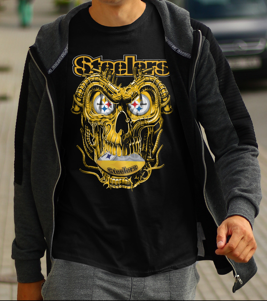 Steelers Dragonskull Yellow Mechanical Skull With Pittsburgh Steelers Logo Eyes T-Shirt
