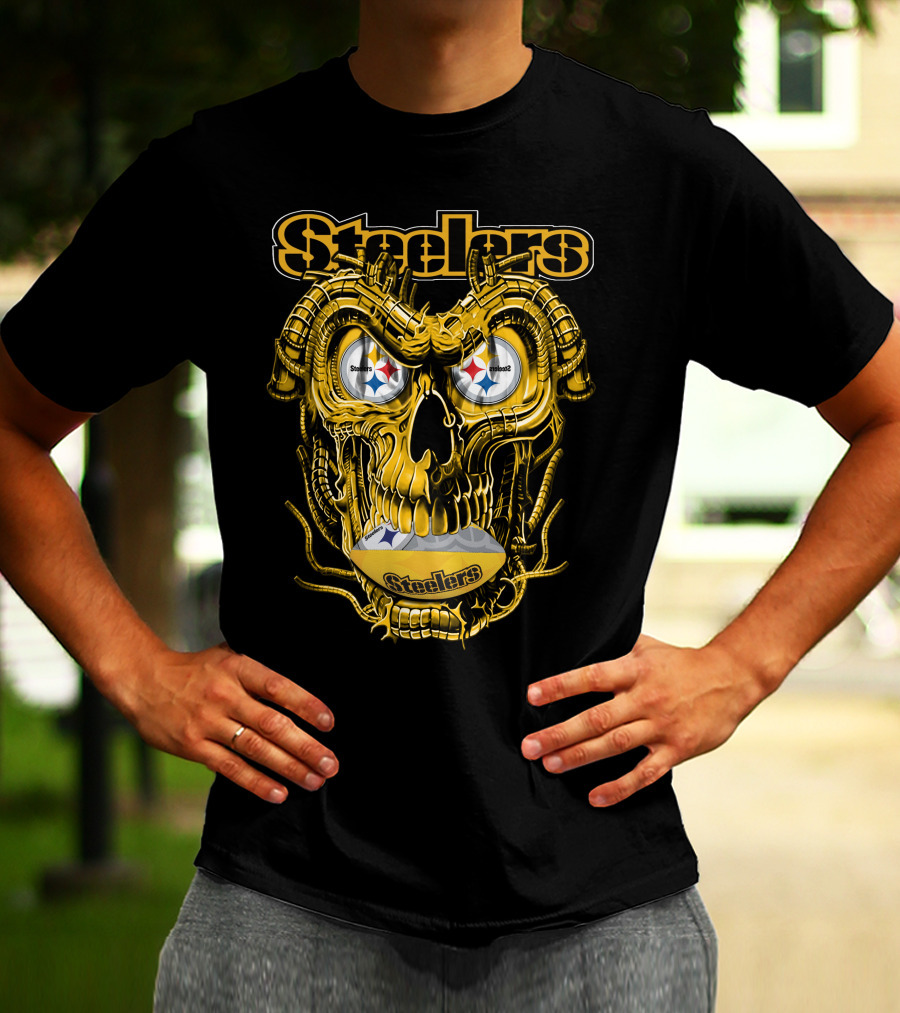 Steelers Dragonskull Yellow Mechanical Skull With Pittsburgh Steelers Logo Eyes T-Shirt
