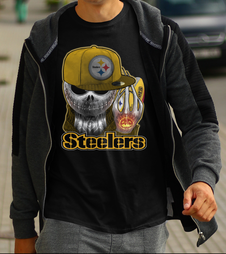 Steelers Skull With Yellow Cap And Pumpkin Hand T-Shirt