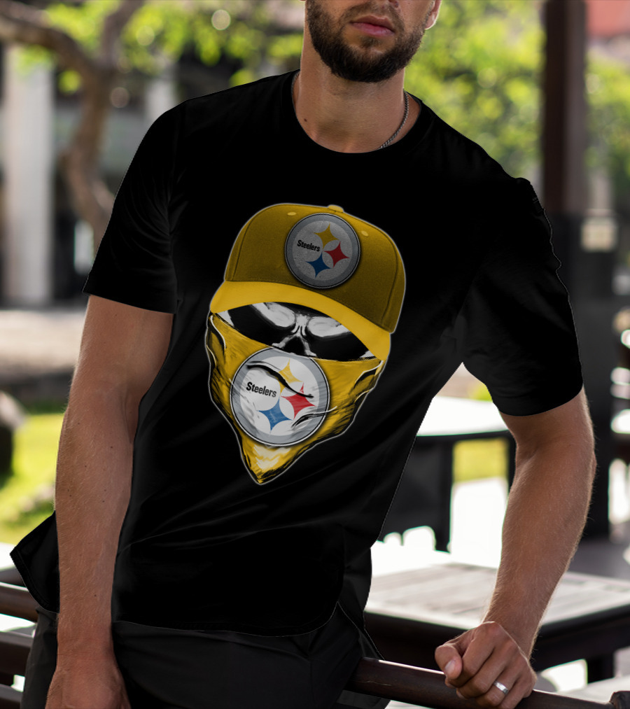 Skull V6 Pittsburgh Steelers Logo With Hat And Bandana T-Shirt