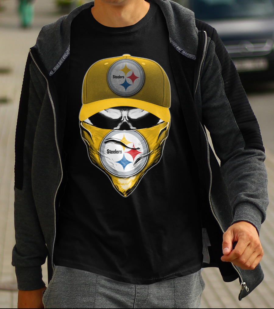 Skull V6 Pittsburgh Steelers Logo With Hat And Bandana T-Shirt