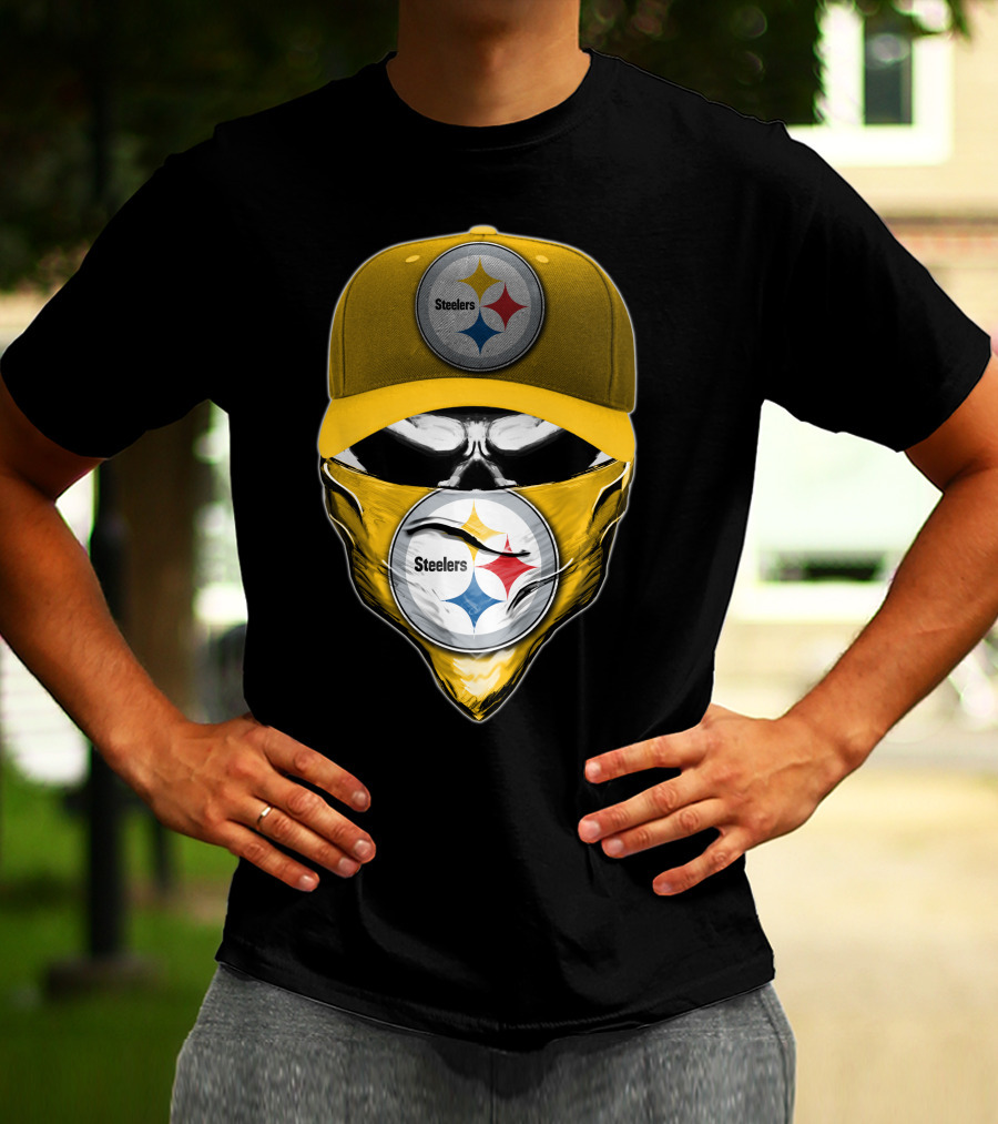 Skull V6 Pittsburgh Steelers Logo With Hat And Bandana T-Shirt