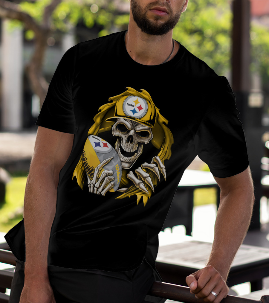 Skullbong Steelers Skeleton With Football And Cap T-Shirt