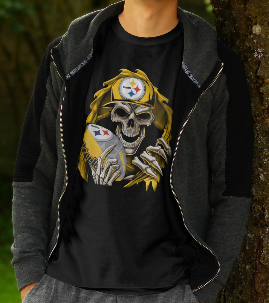 Skullbong Steelers Skeleton With Football And Cap T-Shirt