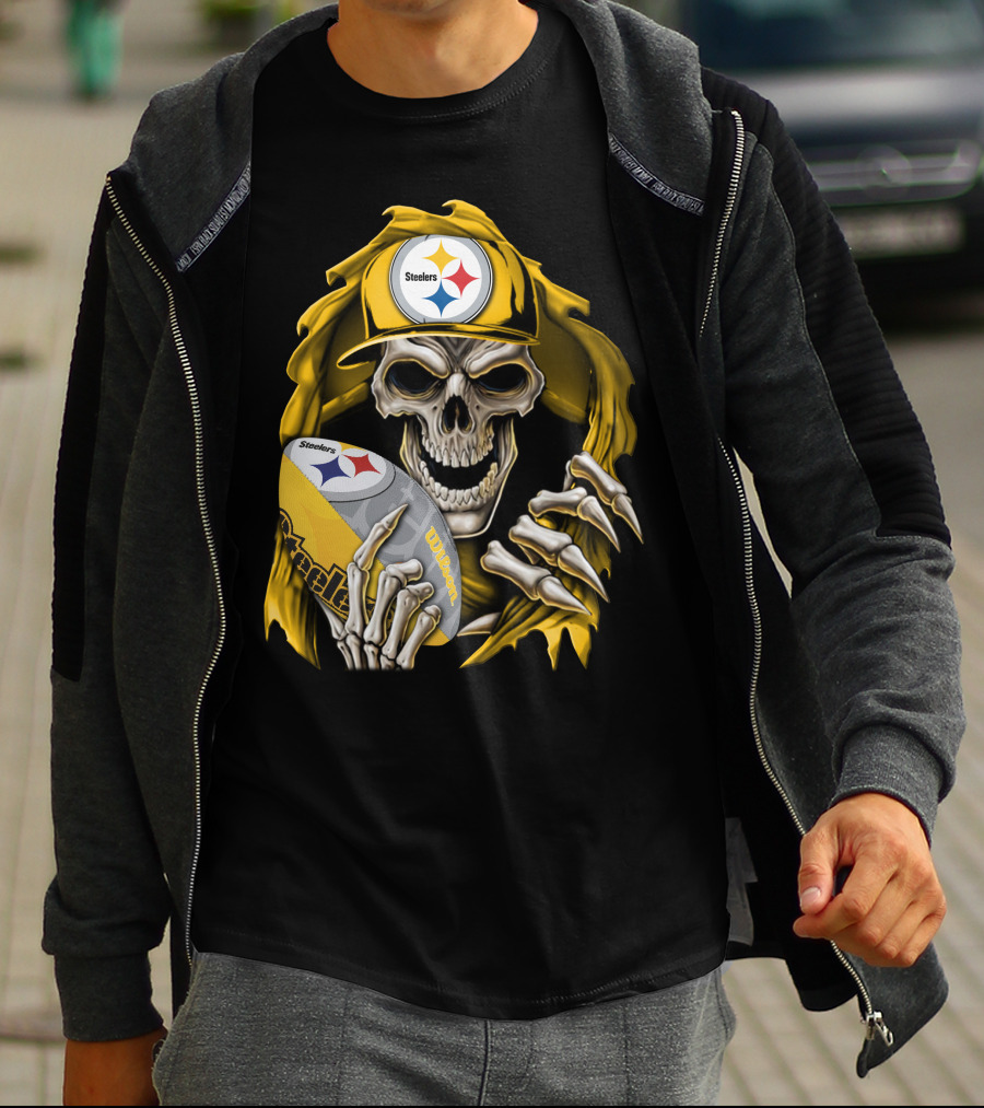 Skullbong Steelers Skeleton With Football And Cap T-Shirt