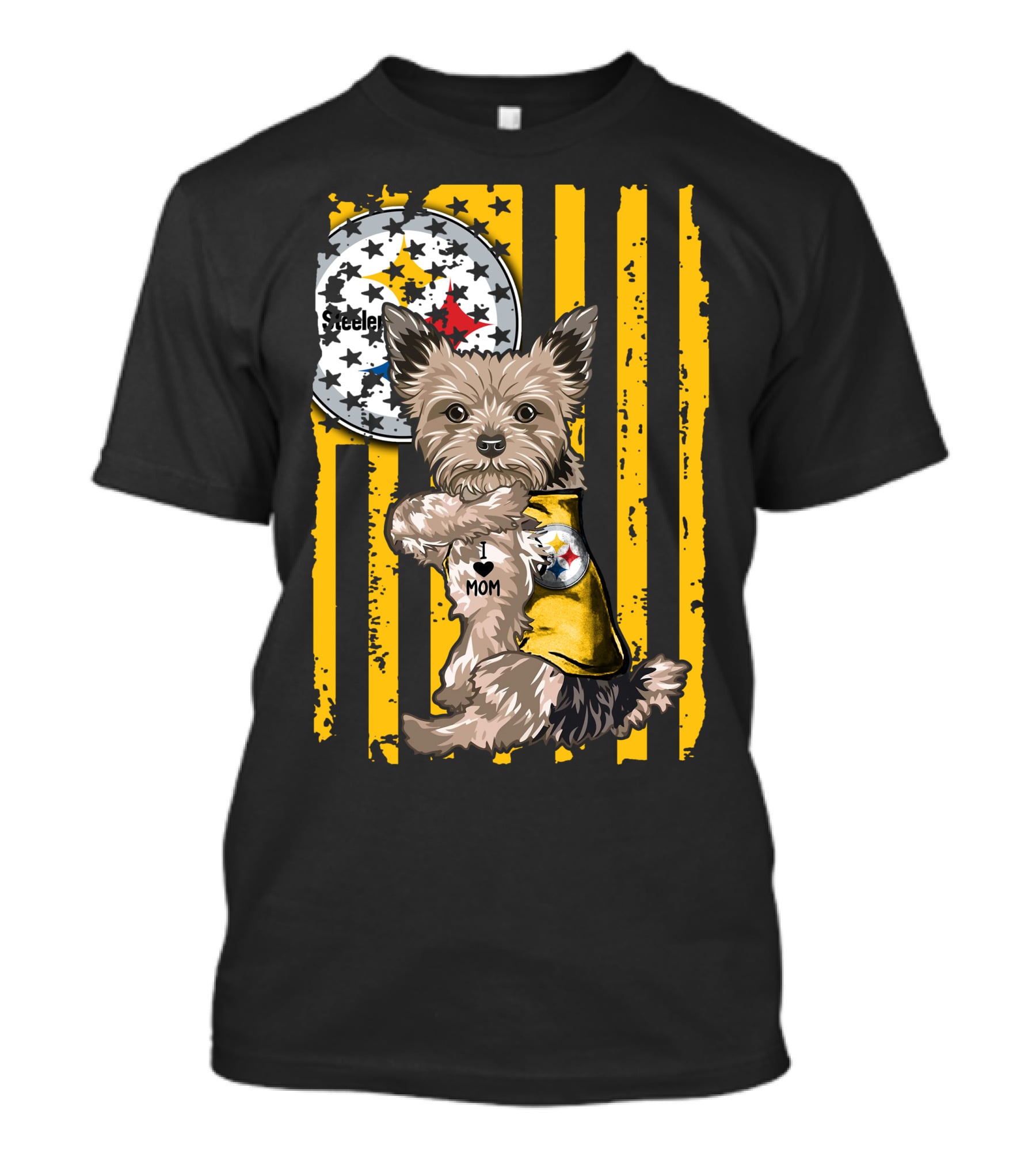 Yorkshire Terrier I Love Mom Pittsburgh Steelers Fan Stripes T-Shirt