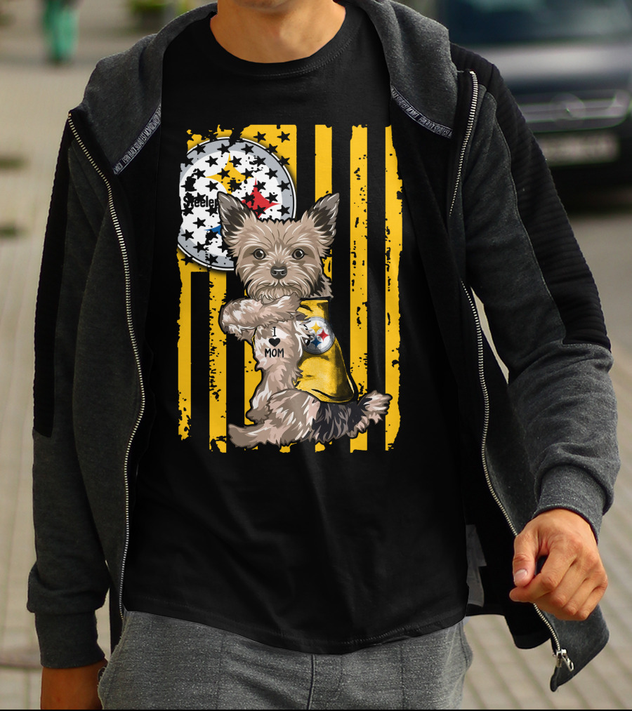 Yorkshire Terrier I Love Mom Pittsburgh Steelers Fan Stripes T-Shirt