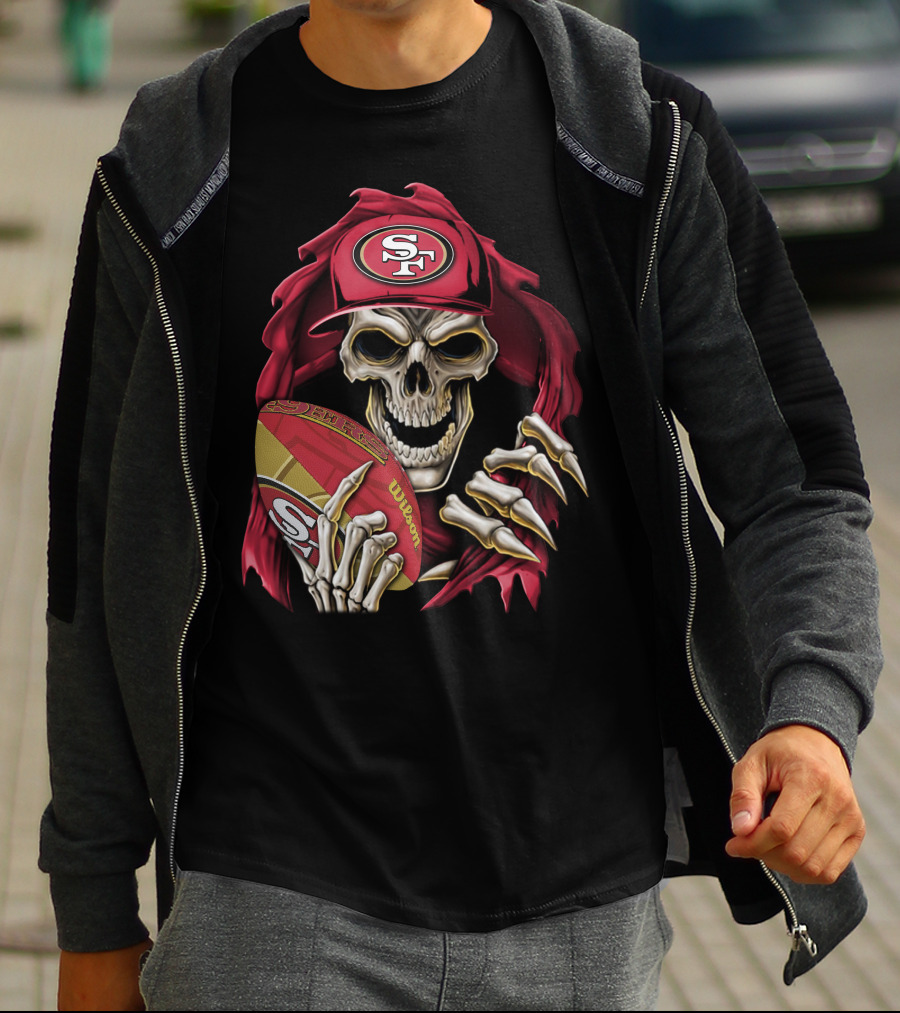 San Francisco 49ers Skull Holding Football With SF Cap T-Shirt