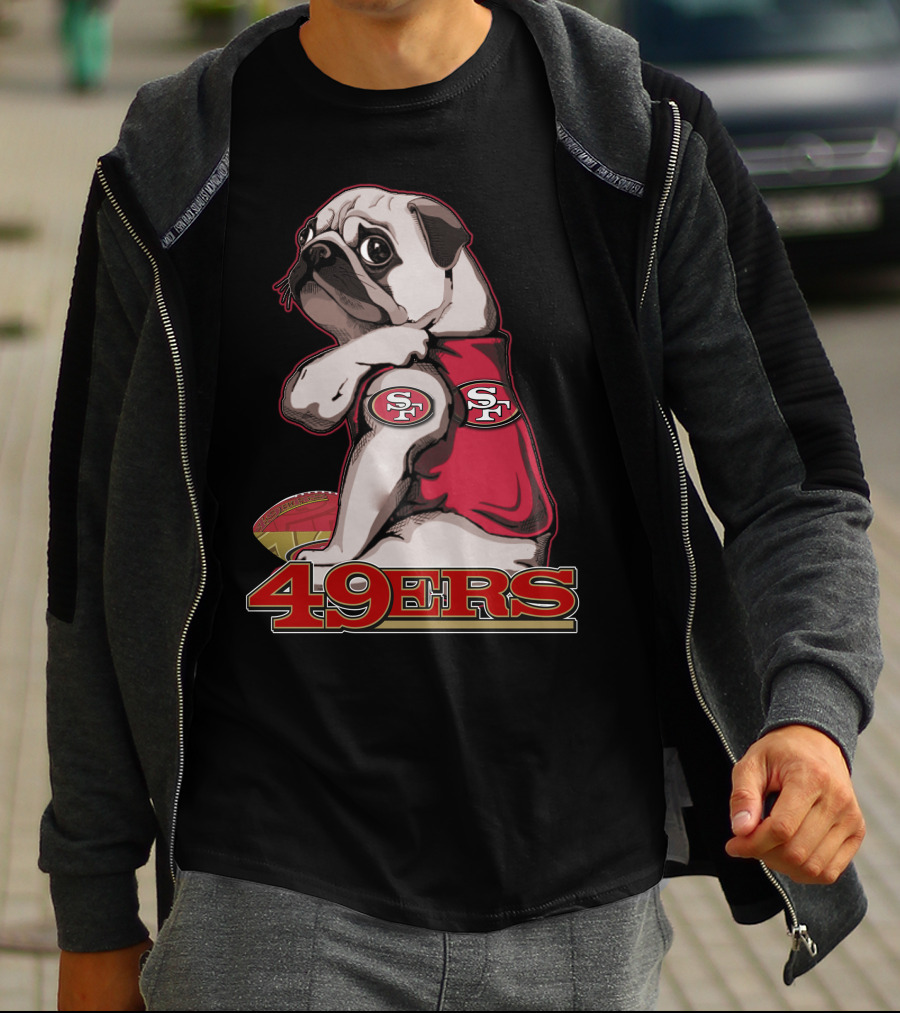Pug Wearing San Francisco 49ers Gear With Football T-Shirt