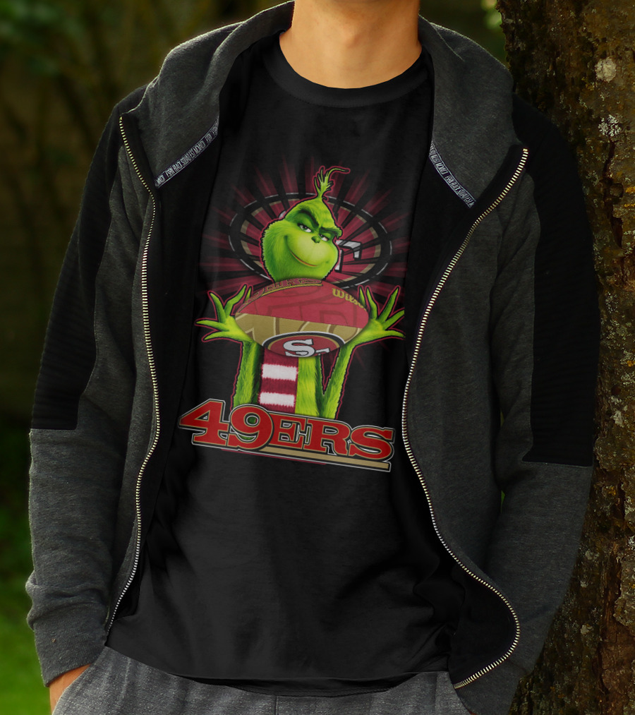 Grinch Holding Football San Francisco 49ers Logo 49ers T-Shirt