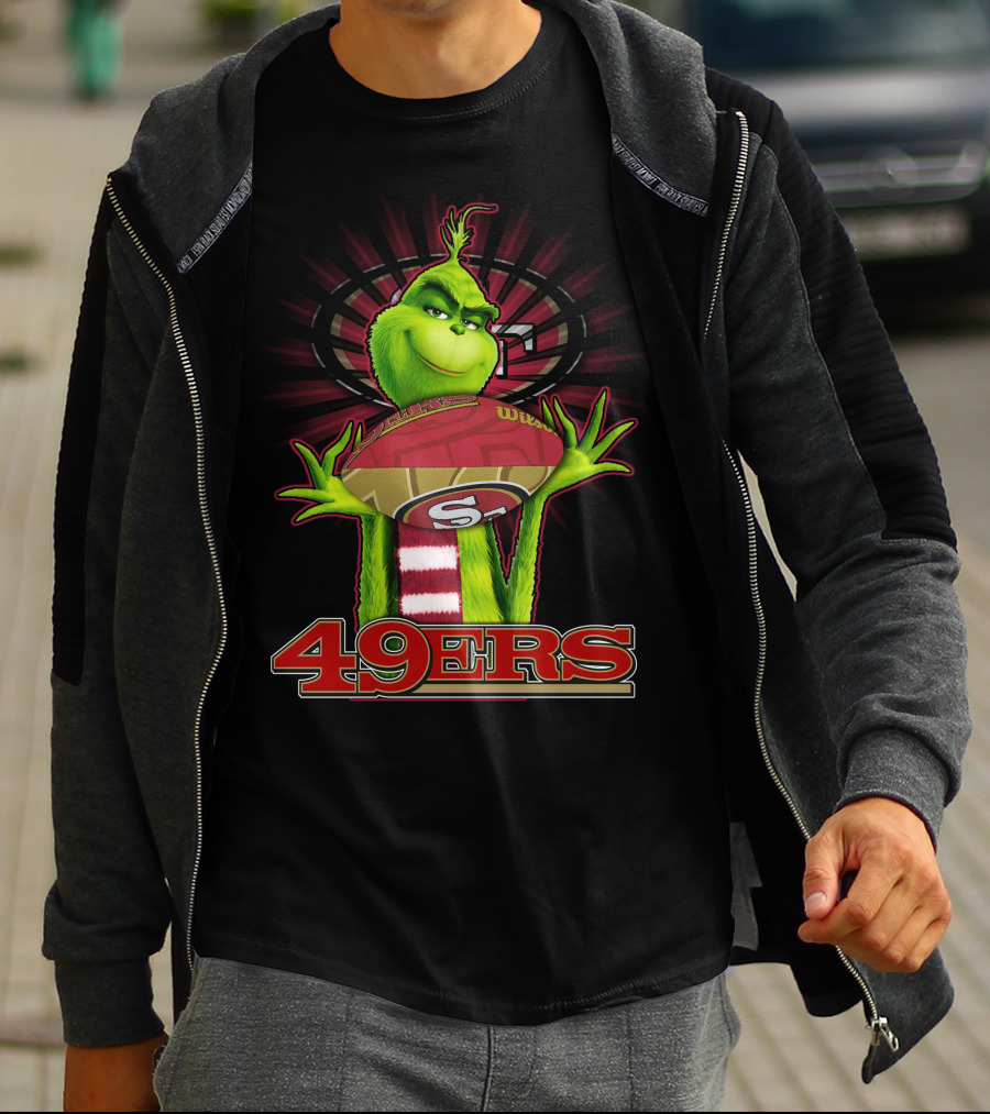 Grinch Holding Football San Francisco 49ers Logo 49ers T-Shirt