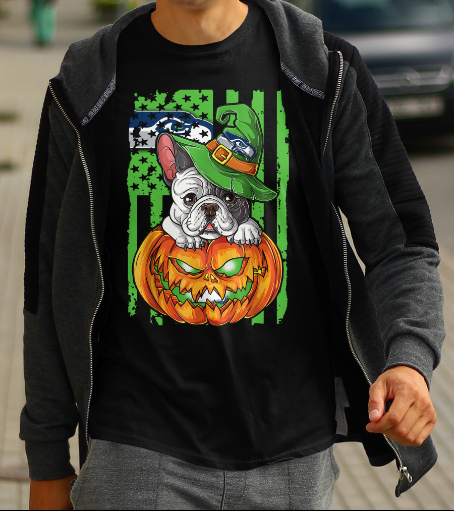 Hlw Bulldog Seattle Seahawks Halloween Pumpkin Wizard Hat T-Shirt