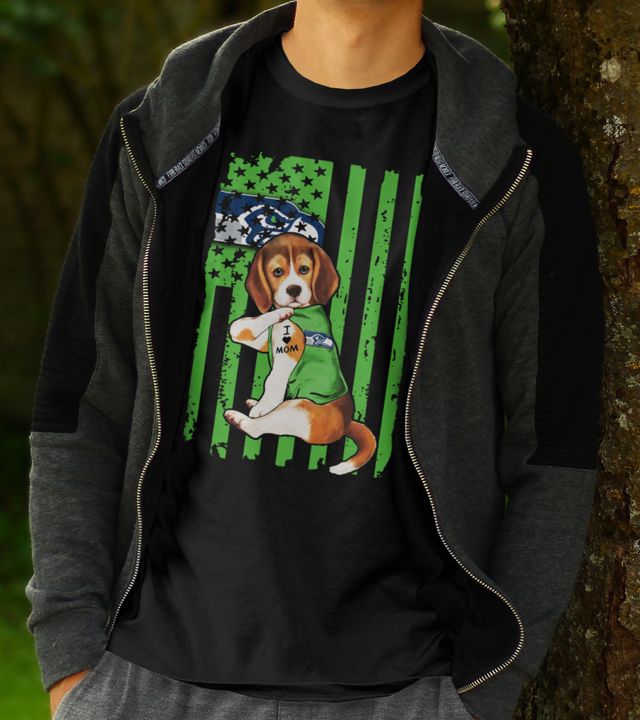 Seattle Seahawks Beagle With I Love Mom Tattoo T-Shirt