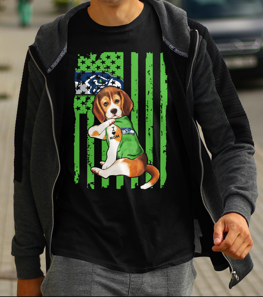 Seattle Seahawks Beagle With I Love Mom Tattoo T-Shirt